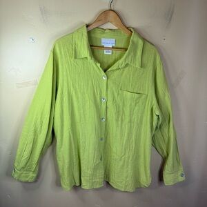 Susan Graver 1X‎ Neon Green Cotton Gauze Button Down Shirt Office Career Wear